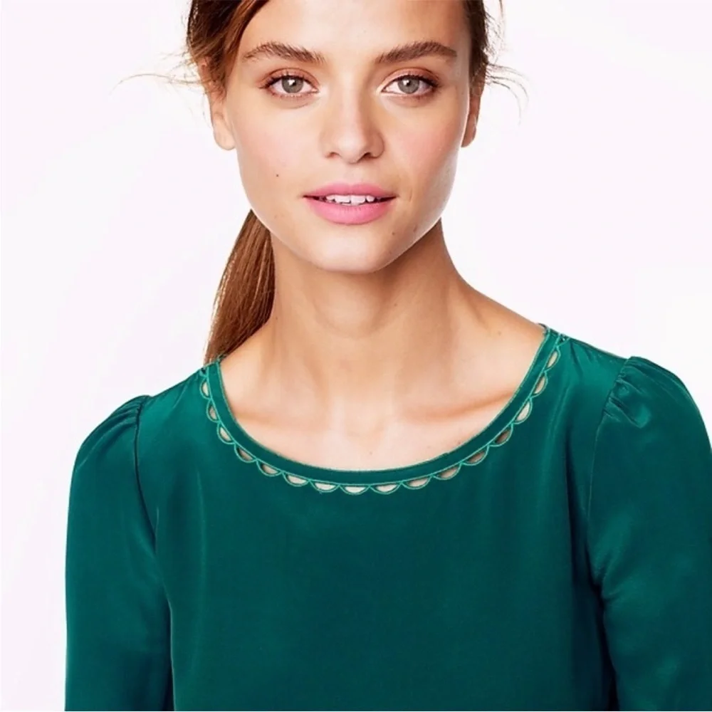 New J. CREW Scalloped Cutout 100% Silk Top in Emerald Green